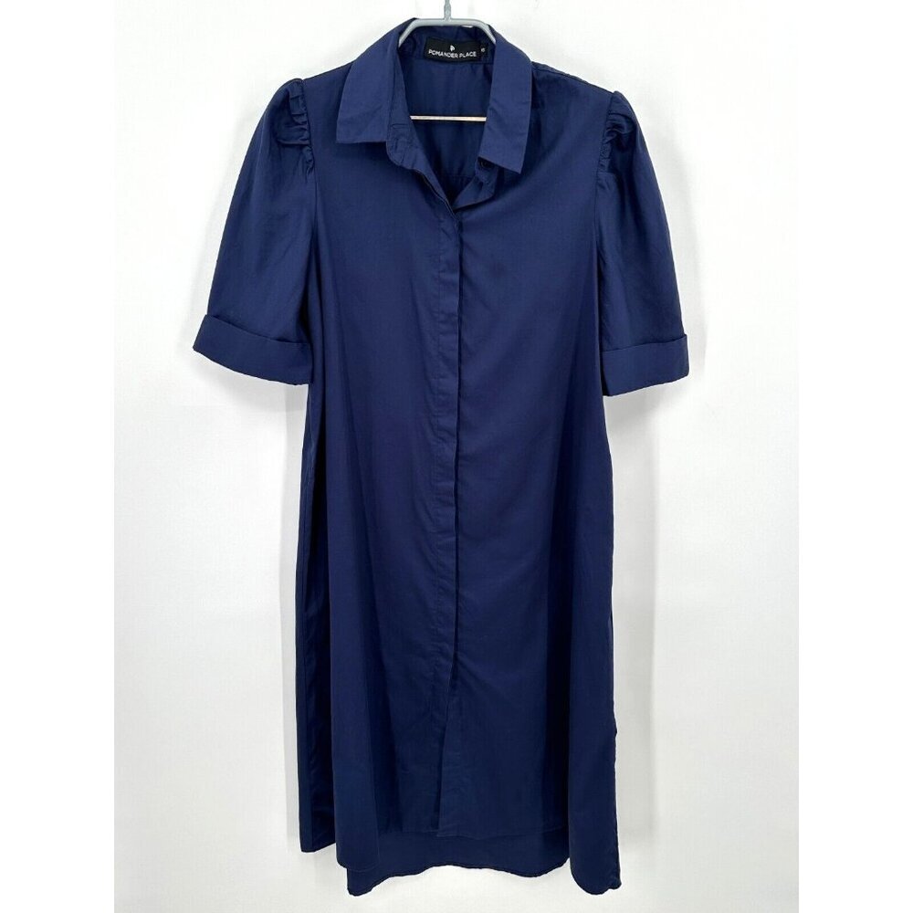Pomander Place by Tuckernuck Navy Blue Kayla Midi Shirt Dress sz XS Button Front